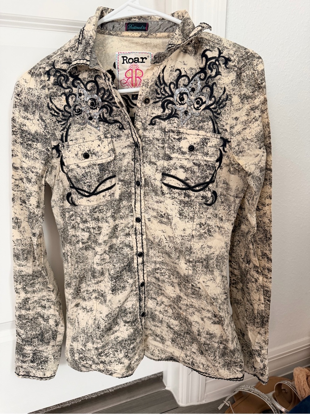 Roar Cream and Black Embellished Button-Up Shirt